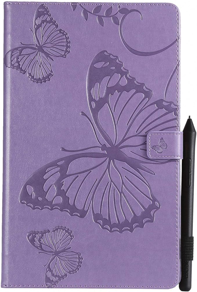 Kindle Fire HD 10 Tablet 2019/2017 Case 9th/7th Generation 10.1 with Pencil Holder Pockets [Auto Sleep/Wake] Folio Stand Embossed PU Leather Magnetic Smart Wallet TPU CoverPurple Butterfly