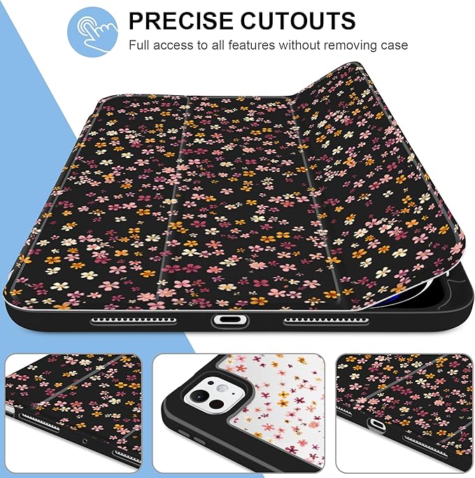 MecBevia Case for iPad Pro 11 inch M5 2025 / M4 2024 (6th/5th Gen) A3357 A3358 A3359 A2836 A2837 A3006 – Built-in Pencil Holder &amp Auto Wake/Sleep Tiny Floral