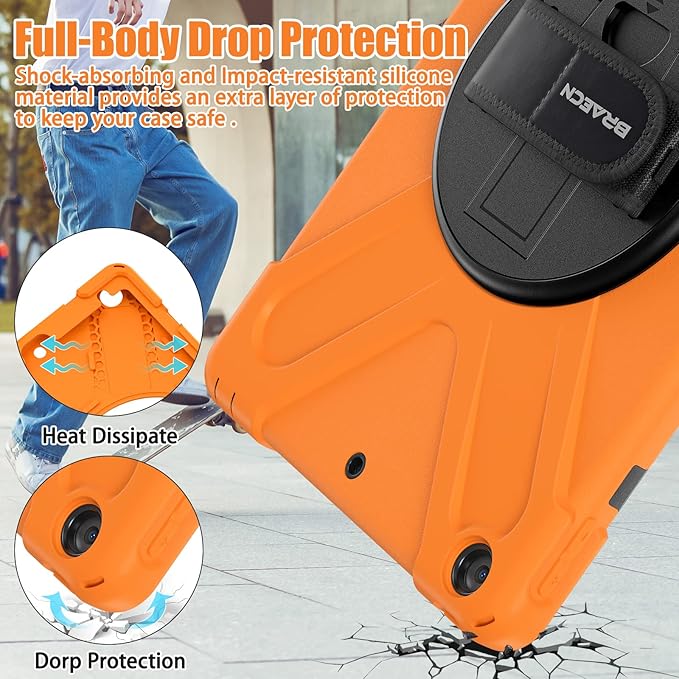 BRAECNstock for Apple iPad 9th/ 8th/ 7th Generation Case 10.2 2021/2020/2019 Shockproof Protective iPad 10.2 inch Kids Case with Screen Protector Rotating Stand+Hand Strap Shoulder Strap Orange