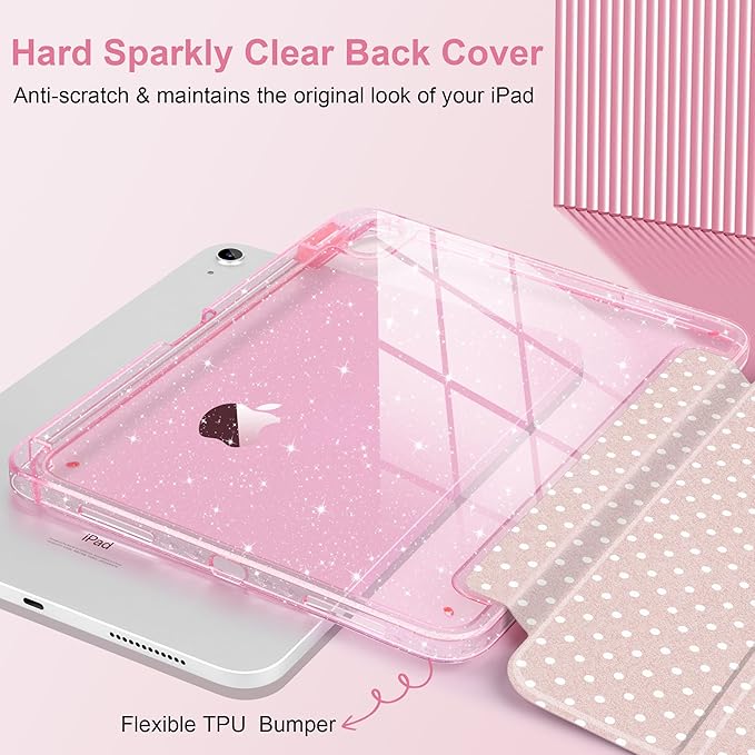 MEEgoodo Case for iPad A16 11th Generation 2025/10th Generation 2022 Glitter Tablet Cases with Transparent Acrylic Back+Trifold Stand +Pencil Holder+Auto Wake/SleepBlush Pink &amp Polka Dots