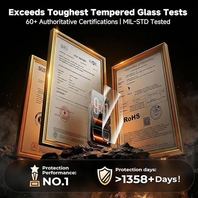 DMJN Unbreak Top 9H+ Glass for iPhone 17 Pro Screen Protector(13FT Military Grade Shatterproof Longest Durable) Screen Protector 17 Pro Tempered Glass Full CoverageEasy Installation 2 Pack