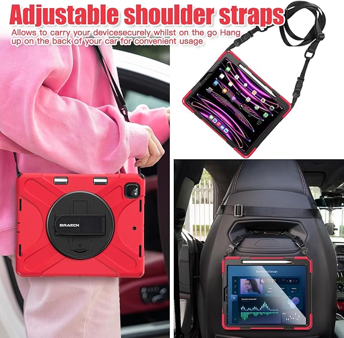 BRAECNstock Case for Apple iPad Air 13 inch (M4/M3/M2)/ iPad Pro 12.9 inch 6th/5th/4th/3rd Gen Shockproof Protective Case with Pencil Holder 360° Rotating Stand &amp Hand Strap Shoulder Strap Red