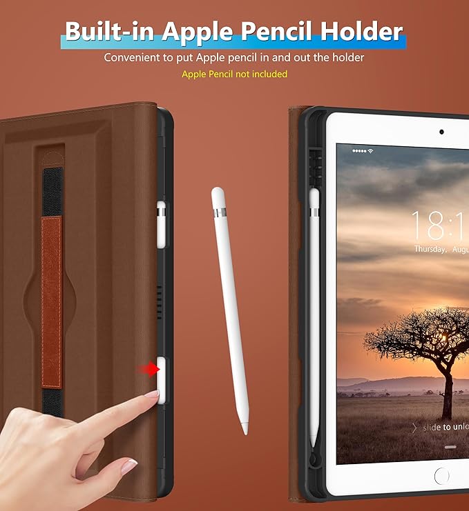 DTTO Rotating Case for iPad 9th/8th/7th Generation 10.2 Inch 2021/2020/2019 360 Degree Swiveling Premium Leather Folio Stand Cover with Pencil Holder - Auto Wake/Sleep and Hand Strap Brown