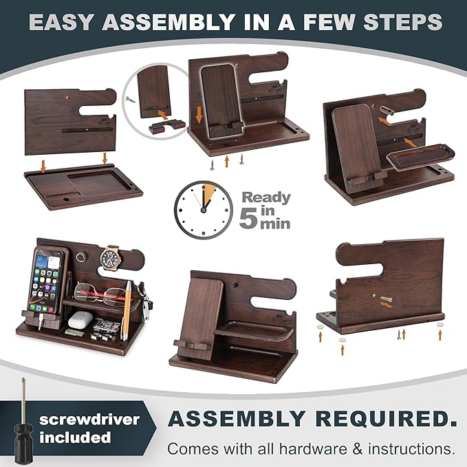 TESLYAR Wood Phone Docking Station for Men - Desk or Nightstand Organizer - Birthday Gifts for Husband Dad - Anniversary Idea from Wife - Key Holder Stand Wallet Watch &amp Essentials (Wenge)