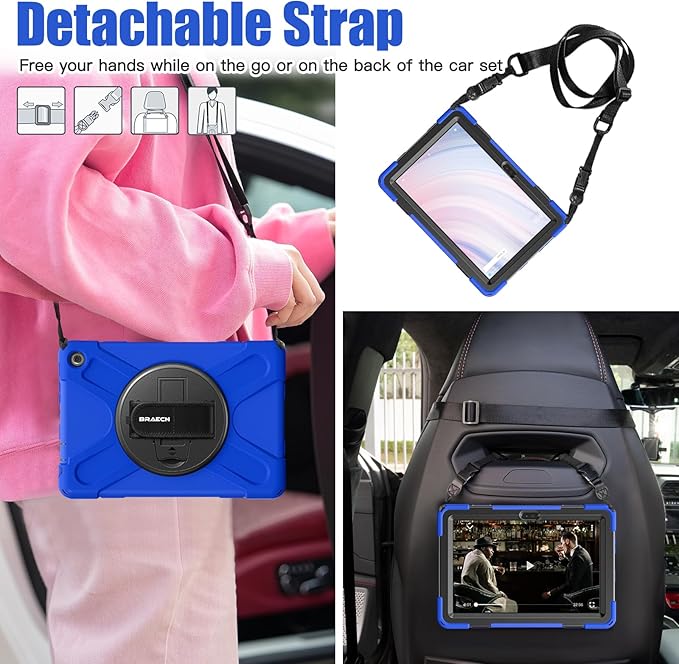 BRAECNstock Shockproof Protective Case for Amazon Fire HD 10 13th Generation 2023 Kids Case with Screen Protector [Rotating Hand Strap]&amp StandPen Holder &amp Shoulder Strap - Blue