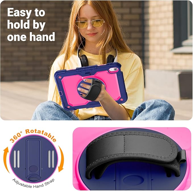 Kids Case for iPad (A16) 11th/10th Generation 11''/10.9'' 2025/2022: Shockproof Protective Case with Hand/Shoulder Strap Pencil Holder Rotate Stand Screen Protector