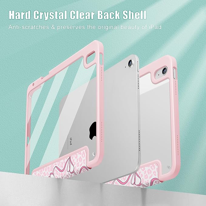 Case for iPad 11 inch A16 2025 Generation 11th / iPad 10.9 inch 2022 10th Gen Buit in Pencil Holder with Shockproof Cover Clear Transparent Back Shell Auto Wake/Sleep Bows &amp Leopard