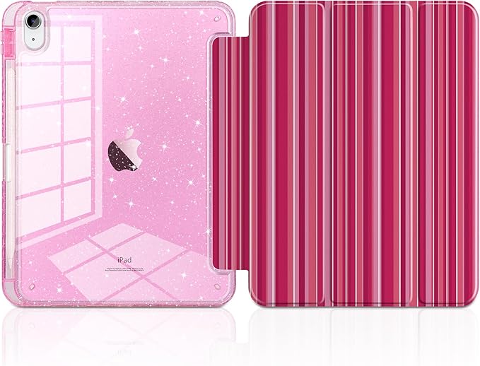 MEEgoodo Case for iPad A16 11th Generation 2025/10th Generation 2022 Glitter Tablet Cases with Transparent Acrylic Back+Trifold Stand +Pencil Holder+Auto Wake/SleepMixed Pink Stripes