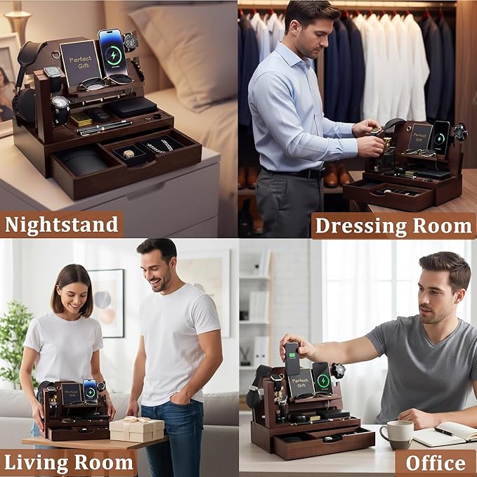 Nightstand Organizer for Men with Large Drawer Wood Phone Docking Station for Phone Apple Watch Wallet &amp Keys Ideal Birthday Gift for Father Husband Bedside Desk Organizer (Espresso)