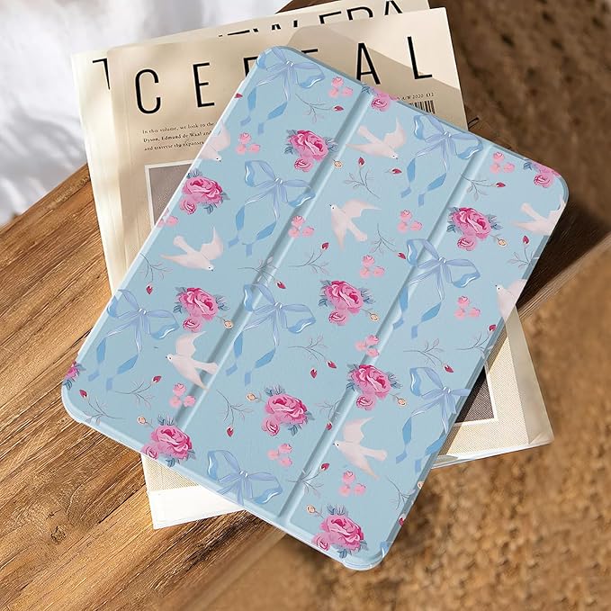 MAYCARICute Bow Floral Case for Ipad(9.7-Inch 6Th/5Th Generation) Kawaii Flowers Bowknot Smart Cover for Ipad 2018/2017 Cartoon Bird Animal Case Shockproof Protective with Pencil Holder for Women