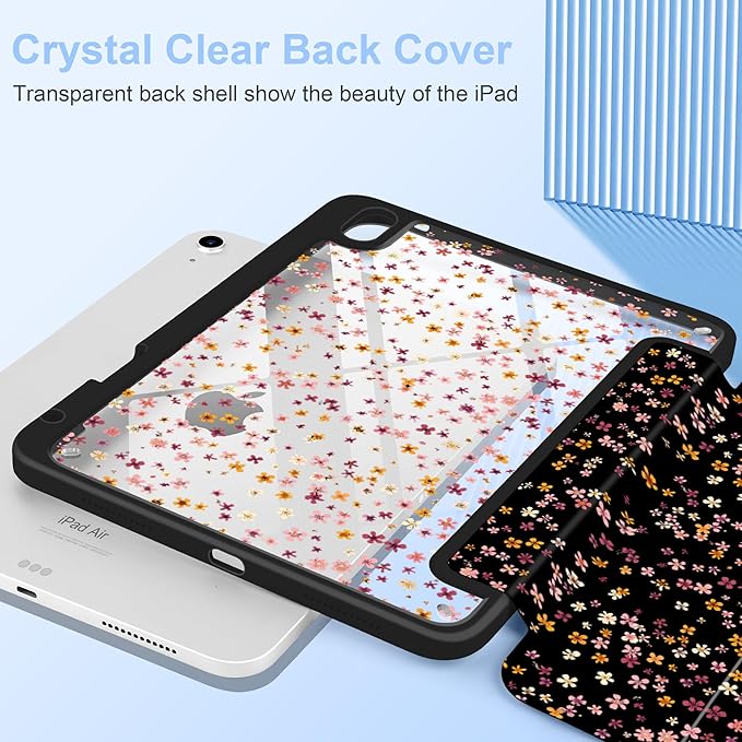 MecBevia Case for iPad Air 11-inch M4 2026 / M3 2025 / M2 2024 Slim Protective Cover with Built-in Pencil Holder Auto Wake/Sleep Tiny Floral
