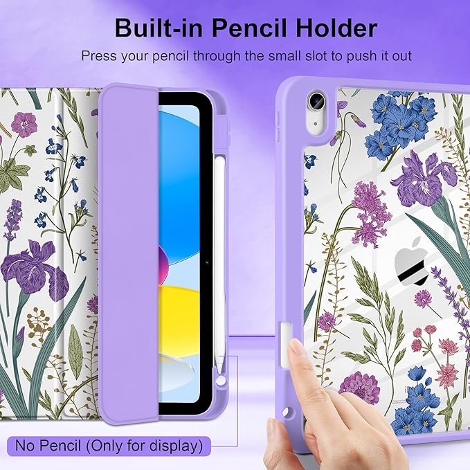 DONGKE Case for iPad (A16) 11th Generation 11 inch 2025 &amp iPad 10th Gen 10.9 inch 2022 [Built-in Pencil Holder] Clear Acrylic Back Trifold Stand Smart Cover Auto Sleep/Wake Purple Wildflower