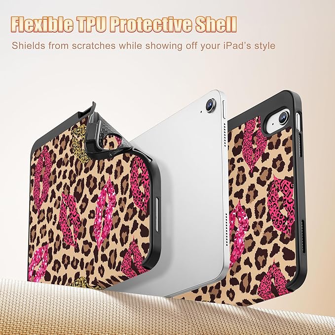 Tuiklol Case for iPad 10.2 Inch 2021 2020 2018 Release 9th / 8th / 7th Generation Built-in Pencil Holder TPU Protective Stand Back Cover Trifold Stand-Auto Wake/Sleep Leopard &amp Mouth