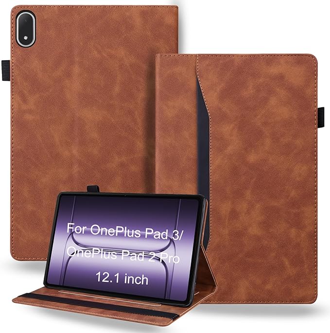 Shockproof Case for OnePlus Pad 3 / OnePlus Pad 2 Pro 13.2 inch Released 2025 - Retro PU Leather + TPU Hybrid Protective Cover with Anti-Slip Grip Strap &amp Card Slots -Brown