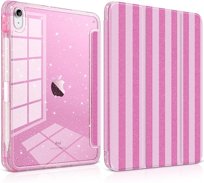 TWOLSKOO Sparkly Case for iPad Pro 11 inch (M5 2025 / M4 2024) Glitter Hard Acrylic Back with Pencil Holder Slim Trifold Stand Folio Cover Auto Sleep/Wake Pink Stripes