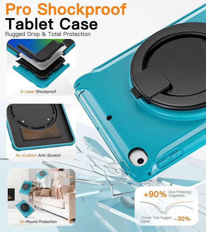 BATYUE Shockproof Case for iPad mini 4/5 (2015/2019) - 360° Multi-Angle Stand (Portrait &amp Landscape) &amp Grip Pencil Holder (Elastic Loop) Multi-Scene for All Ages Lake Blue