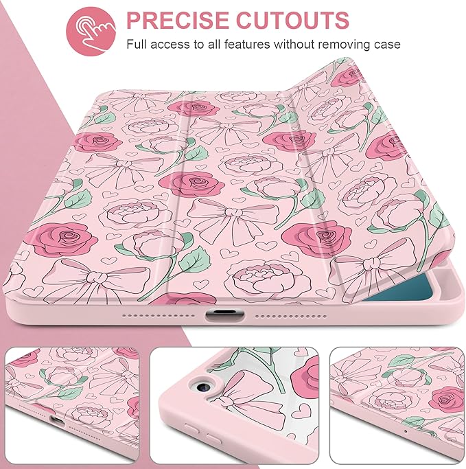 MEEgoodo Case for iPad 10.2 inchTablet Cases for iPad 9th Generation 2021/8th Gen 2020/7th Gen 2019 with Clear Acrylic Back Shell+Pencil Holder+Auto Wake/Sleep+Trifold Stand Pink Peony &amp Bow
