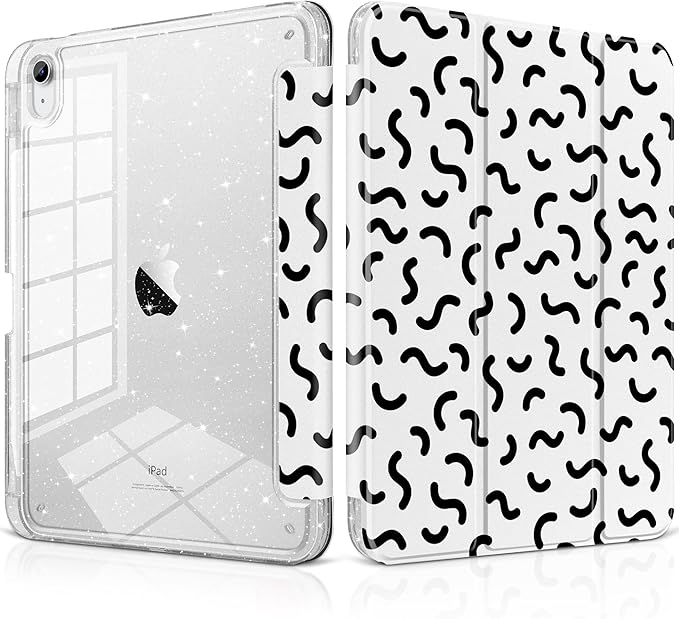 MEEgoodo Case for iPad A16 11th Generation 2025/10th Generation 2022 Glitter Tablet Cases with Transparent Acrylic Back+Trifold Stand +Pencil Holder+Auto Wake/SleepCartoon Line