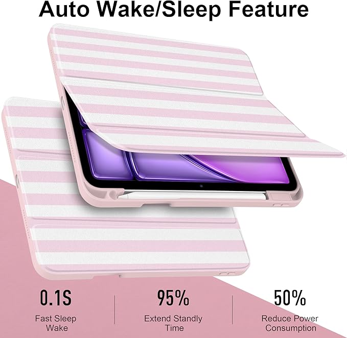 Case for iPad (A16) 11th Generation 11 inch 2025 /iPad 10th Gen 10.9 2022 - Cute Pink White Striped Trifold Cover with Clear Back Auto Sleep/WakeAesthetic Soft Protective Skin for Girls Women