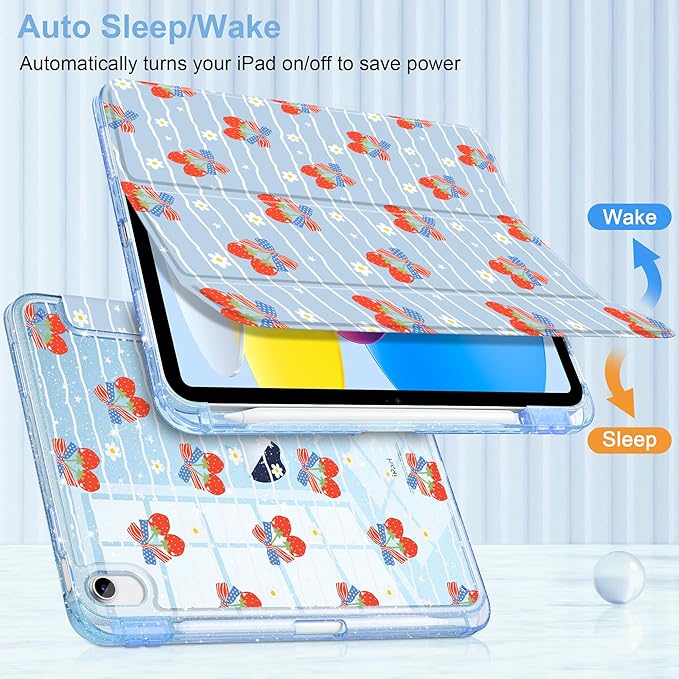MEEgoodo Case for iPad A16 11th Generation 2025/10th Generation 2022 Glitter Tablet Cases with Transparent Acrylic Back+Trifold Stand +Pencil Holder+Auto Wake/SleepRibbon Bow &amp Girly Stripes