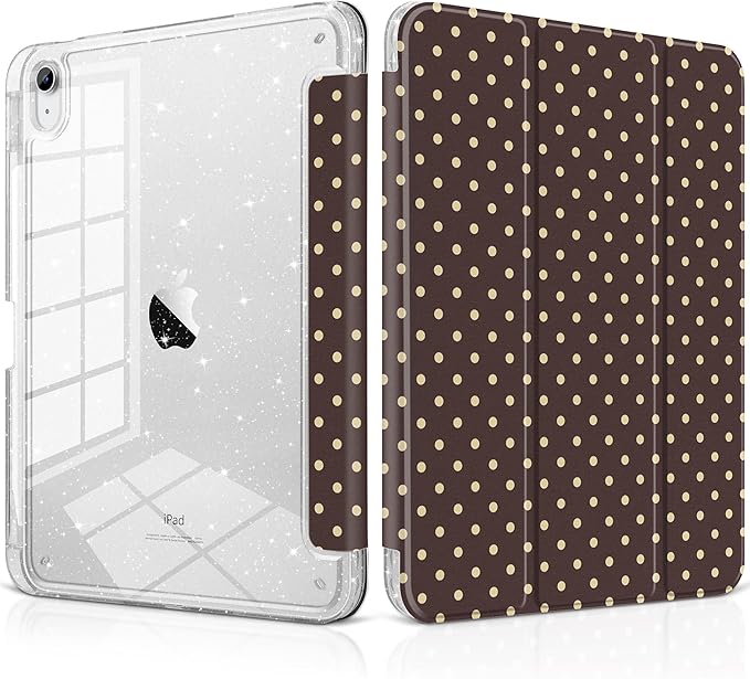 DONGKE for iPad Pro 11 inch Case – Fits M5 2025 / M4 2024 Shockproof Sparkling Glitter Acrylic Back Pencil Holder Trifold Stand Auto Sleep/Wake &amp Touch ID Support - Brown Polka Dot