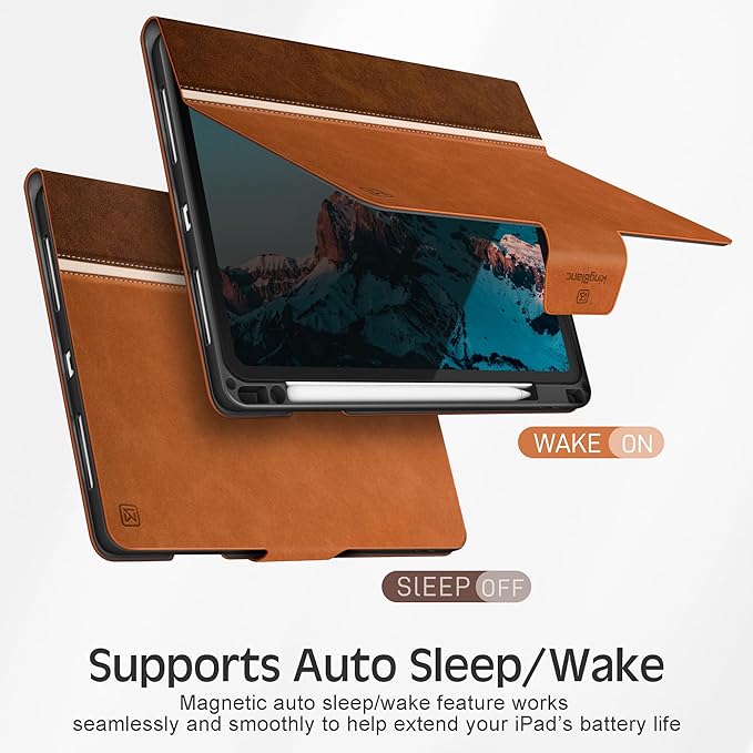 KingBlanc Case for iPad Pro 13 inch (M5 2025/M4 2024) with Pencil Holder Vegan Leather Stand Cover Auto Sleep/Wake Support Pencil Pro/(USB-C) Viewing/Writing Angles Vintage Notebook StyleBrown