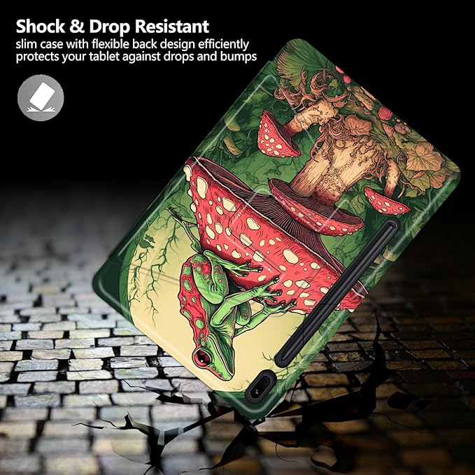 Case for Samsung Galaxy Tab S8 Plus 2022/S7 FE 2021/S7 Plus 2020 12.4 Inch Frog On Mushroom Theme 360 Degree Rotating Stand Smart Protective Cover for Samsung S7 FE Tablet