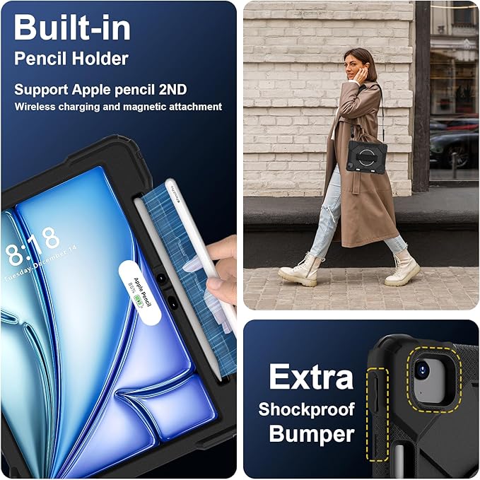 Case for iPad Air 11 Inch (M2) 2024 6th Generation Shockproof Protective With 360 Rotate Kickstand Hand Strap Shoulder Strap Black