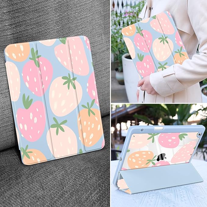 MEEgoodo Case for iPad 10.2 inchTablet Cases for iPad 9th Generation 2021/8th Gen 2020/7th Gen 2019 with Clear Acrylic Back Shell+Pencil Holder+Auto Wake/Sleep+Trifold StandCute Drawn Strawberries