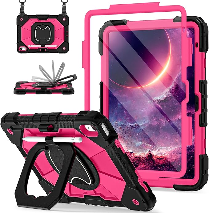 Case for iPad (A16) 11th Generation 11 Inch (2025) / iPad 10th Generation Case 10.9 Inch (2022) with 360° Rotating Stand Screen Protector Pen Holder Shoulder Strap Black Pink
