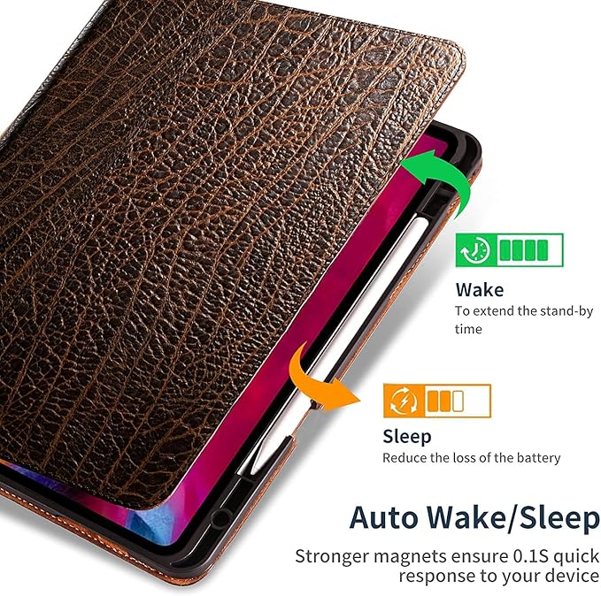 Gexmil Genuine Leather Case for iPad Pro 11 Inch (M5/M4) 2025/2024 with Pencil HolderProtective Shockproof Leather Smart Folio Cover Adjustable Stand Auto Sleep/Wake Anti-SlipBuffalo Pattern