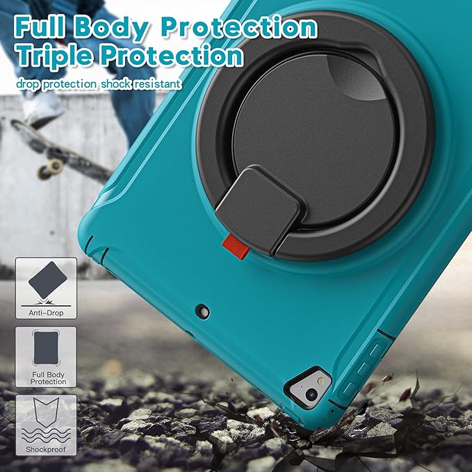 BATYUE Case for iPad 6th Generation 9.7 inch 2018 iPad 5th Gen 2017 iPad Air 2/ iPad Pro 9.7''Shockproof Protective Cover with Pencil Holder &ampRotating Kickstand for KidsBoysGirls Light Blue