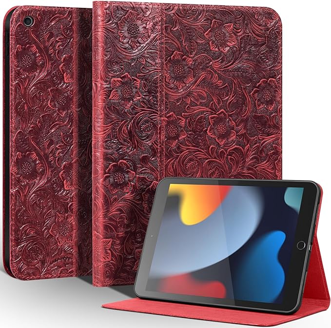 Gexmil Leather Case for iPad 10.2 Inch 9th/8th/7th Gen 2021/2020/2019Premium Cowhide Folio Cover with Auto Wake/SleepAdjustable Stand Anti FingerprintFloral Red