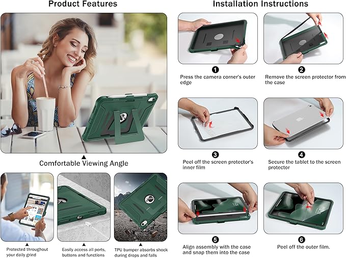 Soke Case for iPad (A16) 11th Generation 11-Inch 2025 /10th Generation 10.9-Inch 2022 with Screen Protector and Multi-Angle Kickstand Rugged Full Body Heavy Duty Protective Cover - Black Green