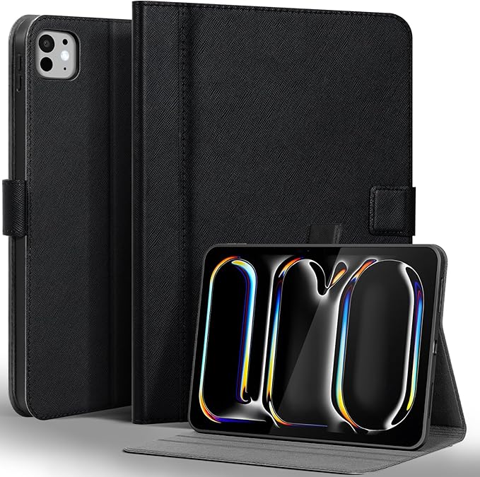 Gexmil Leather Case for iPad Pro 11 Inch (M5/M4) 2025/2024 with Magnetic Closure Adjustable StandProtective Shockproof Leather Smart Folio Cover Auto Sleep/Wake Anti-SlipCross-Hatched Black