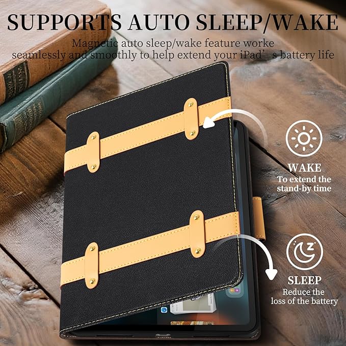 for iPad Air 11 Inch M3 M2 iPad Air 10.9 Inch Case 5th 4th GenLeather Folio Cover with Auto Wake/Sleep Adjustable StandDetachable Magnetic Closure Protection Case-Multiple Straps Black
