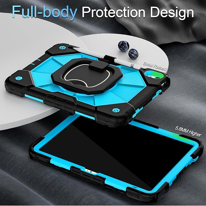 Case for iPad (A16)11th /10th Generation 11/10.9 Inch 2025/2022 with Screen Protector Rotating Stand Shoulder Strap Pencil HolderMilitary Grade Shockproof iPad Case 10th GenerationBlack Blue