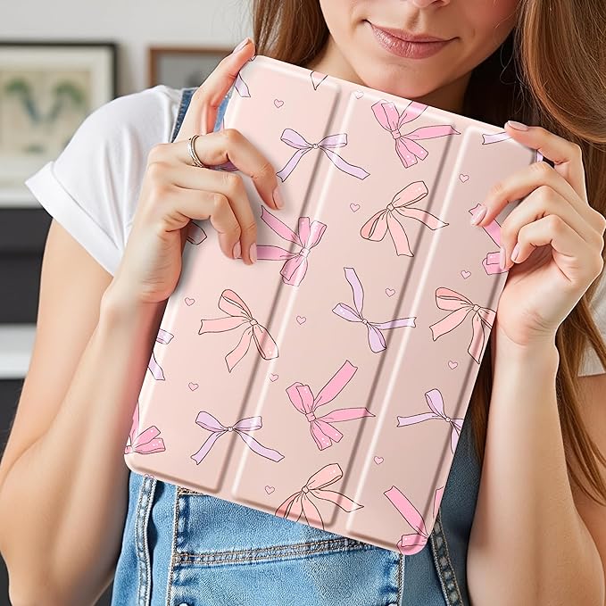 Idocolors Case for iPad 11 inch (A16 Chip) 2025 Generation 11th / iPad 10.9 inch 2022 10th Gen Built-in Pencil Holder with Soft TPU Shockproof Back Shell Auto Wake/Sleep Pink Bows-Pink