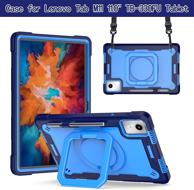 Case for Lenovo Tab M11 11 inch Tablet (TB-330FU / TB-331FC) 2024 Released - Heavy Duty Impact Resistant Case Cover with Rotating Ring Stand (Navy Blue/Blue)
