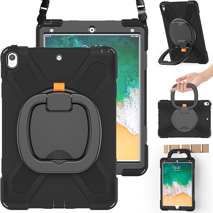 BRAECN Case for iPad Air 3 10.5 2019 iPad Pro 10.5 Case 2017- Heavy Duty Silicone Cover with Pencil HolderRotating Hand GripCarrying Shoulder StrapStable Kickstand Fit for iPad Air 3rd Gen-Black
