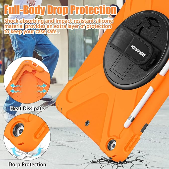 BRAECNstock for Apple iPad 9th/ 8th/ 7th Generation Case 10.2 2021/2020/2019 Shockproof Protective iPad 10.2 Kids Case with Screen Protector Pencil Holder Rotating Stand + Hand Strap Orange