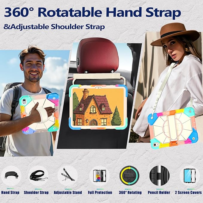 Weuiean Case for iPad A16 11th/10th Generation 11/10.9 Military-Grade Heavy-Duty Shockproof Cover with 360° Rotating Stand Built-in Pencil Holder &amp Adjustable Hand/Shoulder Strap - Colorful Bl