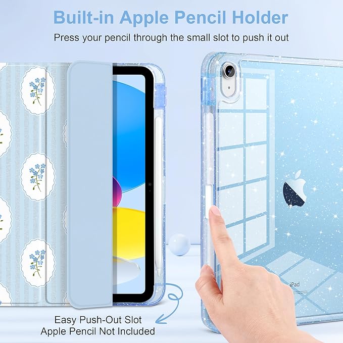 MEEgoodo Case for iPad A16 11th Generation 2025/10th Generation 2022 Glitter Tablet Cases with Transparent Acrylic Back+Trifold Stand +Pencil Holder+Auto Wake/SleepCoquette Trellis Floral