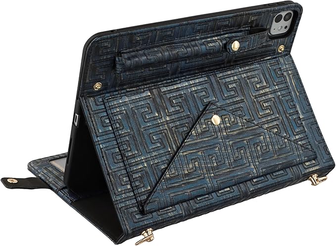 Handbag Case for iPad Pro 13 M5 M4 (2025/2024) - Techcircle Vintage Pattern Crossbody PU Leather Folio Envelope Pocket Stand Cover w/Hand Strap+Shoulder Strap+Pencil Holder+Card Slots Retro Navy