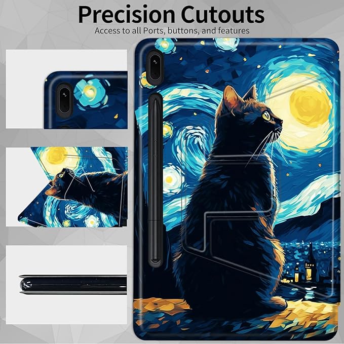 Case for Samsung Galaxy Tab S8 Plus 2022/S7 FE 2021/S7 Plus 2020 12.4 Inch Cat On Starry Night Theme 360 Degree Rotating Stand Smart Protective Cover for Samsung S7 FE Tablet