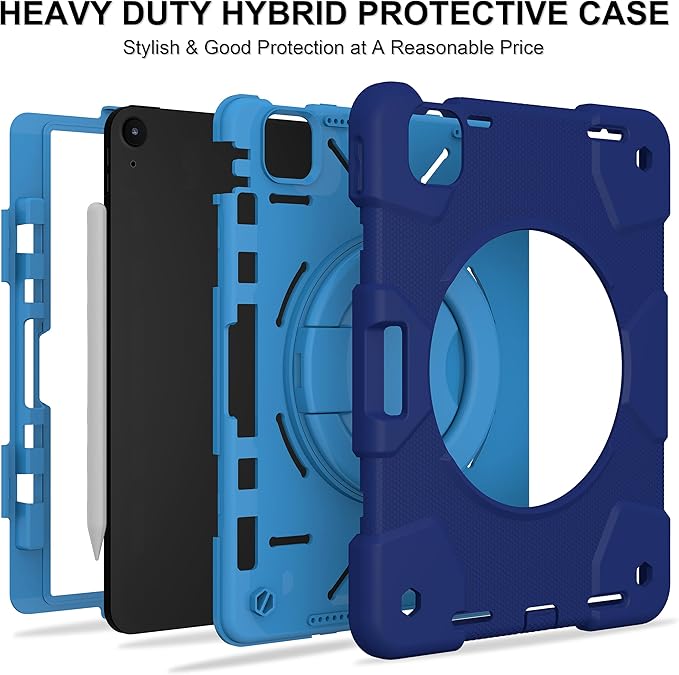 Case for iPad Air 11 inch Case M3 2025/ M2 2024 (Air 7th/6th Generation) Heavy Duty Shockproof Cover with Screen Protector 360° Rotating Stand Pencil Holder Shoulder Strap (Navy+Blue)