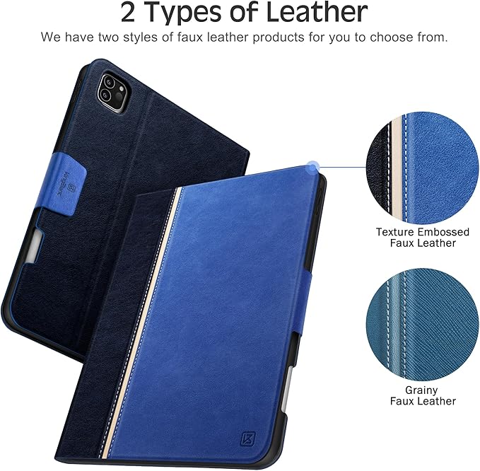 KingBlanc Case for iPad Pro 12.9 6th/5th/4th/3rd Generation 2022/2021/2020/2018 with Pencil Holder Vegan Leather Bicolor Cover Auto Sleep/Wake Support Pencil2 Charging Navy Blue × Royal Blue