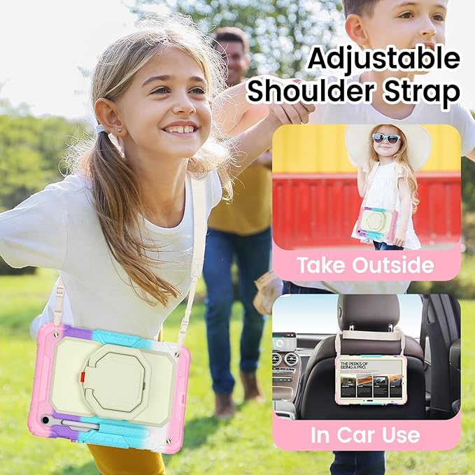 HXCASEAC Case for Galaxy Tab S10 lite / S10 FE / S9 FE 10.9 Inch Shockproof | 360° Rotating Stand | S Pen Holder | Screen Protector | Shoulder Strap | Samaung S10 Lite Tablet Case Kids Rainbow Pink