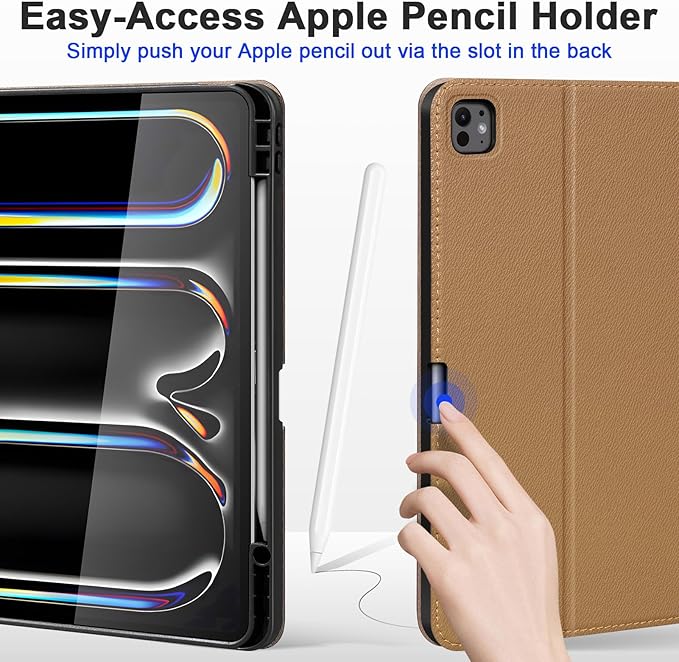 iPad Case for iPad Pro 13 Inch (M5/M4) 2025/2024Leather Folio Cover with Pencil HolderAuto Wake/Sleep Adjustable Stand Shockproof and Multiple View Angles Protection Case-Yellow Brown