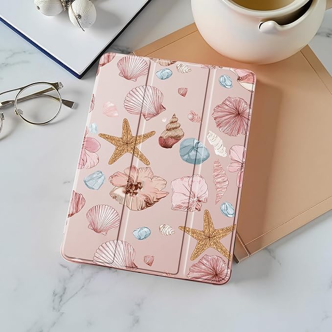 Idocolors Case for iPad 11 inch (A16 Chip) 2025 Generation 11th / iPad 10.9 inch 2022 10th Gen Built-in Pencil Holder with Soft TPU Shockproof Back Shell Auto Wake/Sleep Conch-Pink